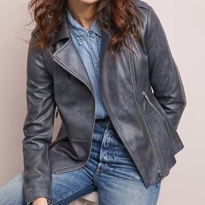 Anthropologie Slate Gray Peplum Faux Leather Moto Jacket, M
